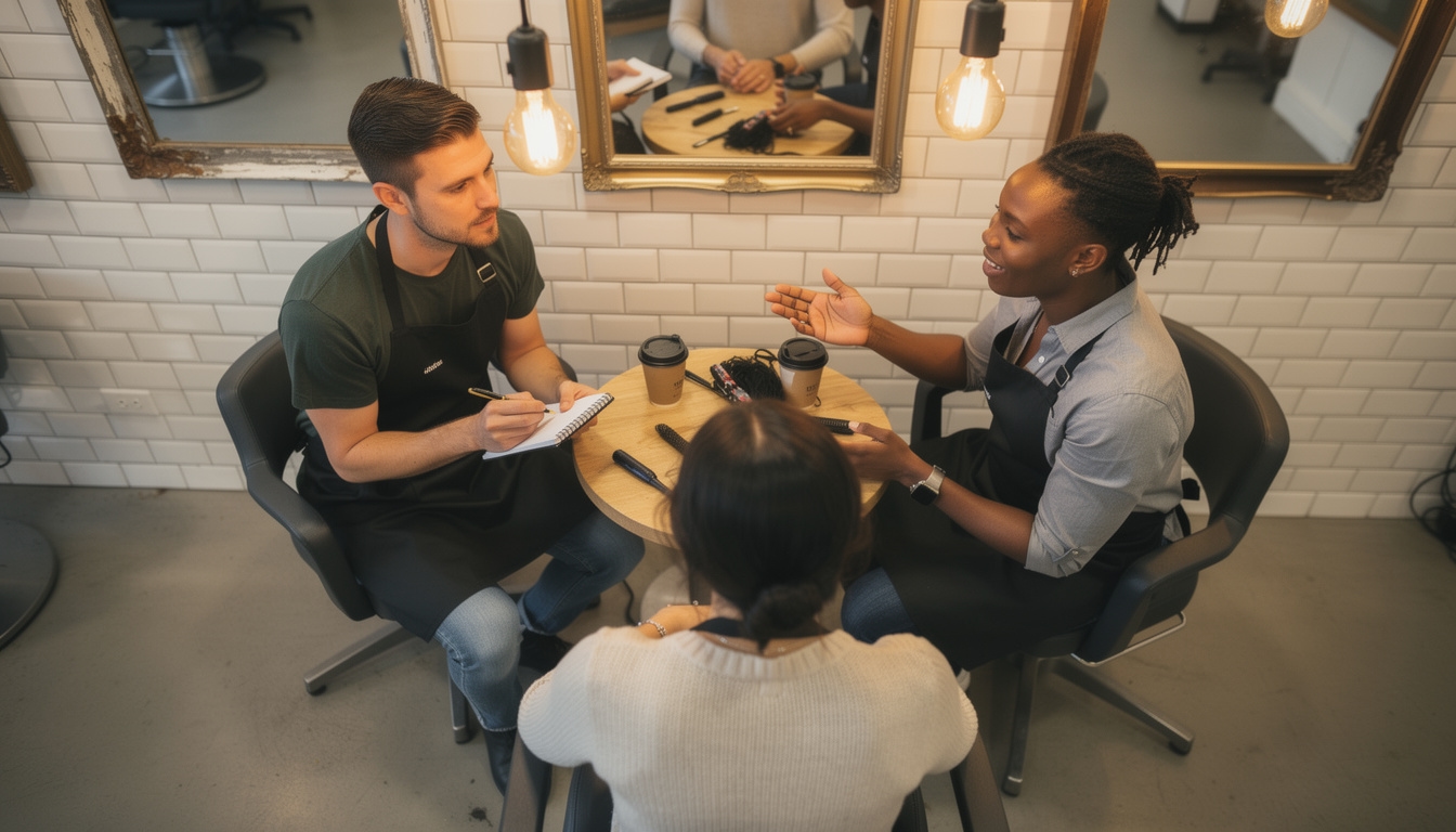 Friseursalon-Team bespricht gemeinsam Kommunikationsstrategien