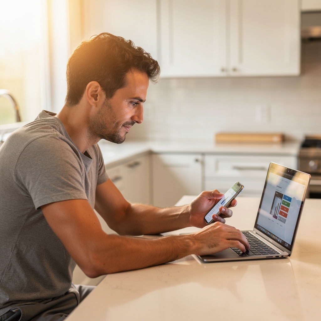 Person lernt flexibel auf Smartphone und Laptop gleichzeitig